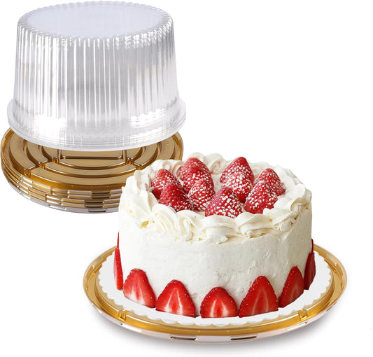 NPLUX 10 Inch Plastic Cake Carriers Gold Cake Containers with Lid and White Cake Boards, Clear Cupcake Holder for 1-2 Layer Cheesecake, Bundt Cake Pie Bakery Supplies(5 Pack)