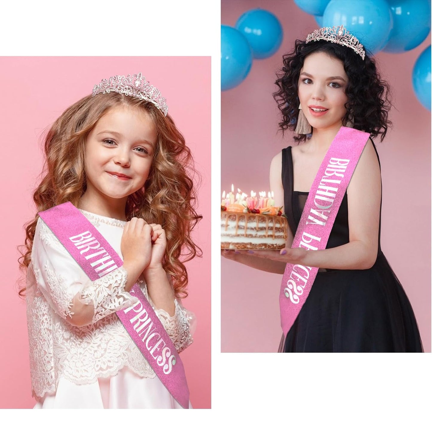 CIEHER Princess Crown and Birthday Sash Set, Pink Tiara for Women, Birthday Decorations for Girls, Gifts