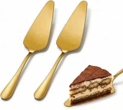 Gold Cake Knife and Server Set of 2, 9" Stainless Steel Serrated Cake Cutter and Spatula for Cutting & Serving Wedding Cake, Dessert, Pie, Pizza - Dishwasher Safe Cake Cutting Set