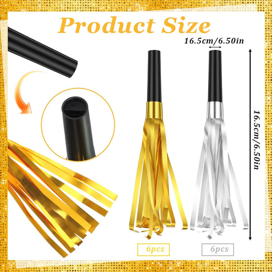 Gold Silver Noise Makers, 12Pcs Metallic Fringed Party Blower, Glitter Noise Makers Glitter Metallic Fringed Party Blower for Adults Birthday Graduation Sporting Event New Years Eve Partys Supplies