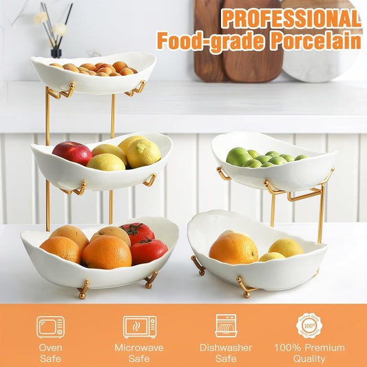 Ceramic Fruit Bowl for Kitchen Counter - 3 Tier Fruit Basket with Metal Stand, Tiered Fruit Stand for Countertop, Snack, Nuts, Cake, Dessert, Cute (Gold, Small) 1