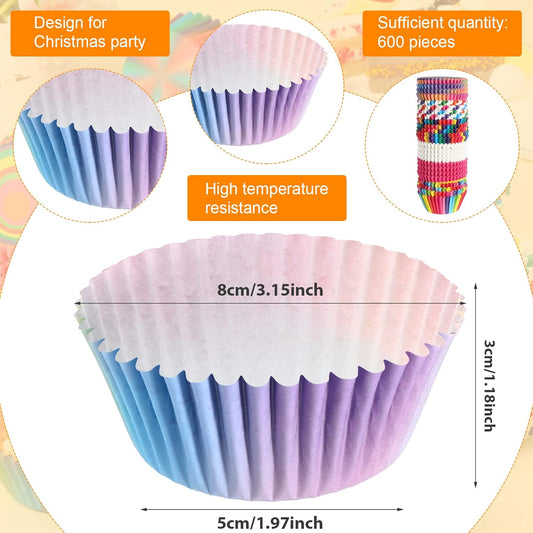 Chengu 600 Pieces Rainbow Cupcake Liners Rainbow Cupcake Wrappers Baking Cups Liners, Colorful Cake Paper Cup Baking Cups for Cake Candy Supplies(Vivid Style)