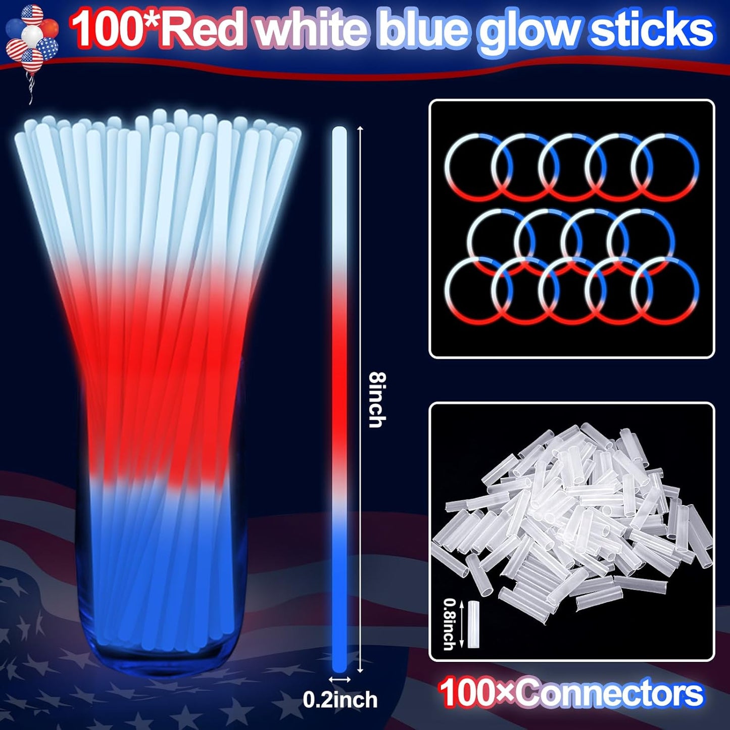 100 Pcs 4th of July Party Favors Glow Sticks with Connectors,Patriotic Glow Stick Red White Blue 3 in 1 Glow Bracelets and Necklaces 4th of July Accessories for Independence Day 250th Anniversary
