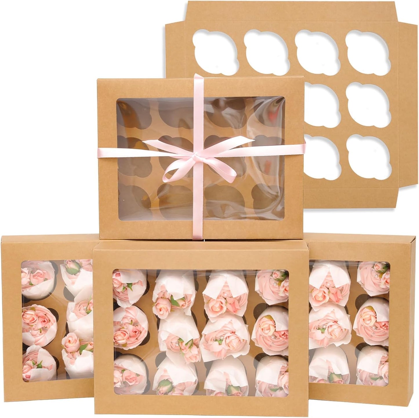 Bakepacker Auto-pop Up Cupcake Boxes with Window White 20PCS 12 Count Cupcake Box 13"x10"x3.5" Cupcakes Carrier, 12 Cupcake Containers with rolls of pink ribbons