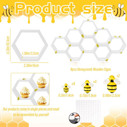 8 Pcs 4.13 Inch Honeycomb Cupcake Stand Cake Farmhouse Hexagon Display Holder Hexagonal Wood Cupcake Stand Floating Table Sign with Wooden Bee for Wedding Baby Shower Birthday Party Table Decorations