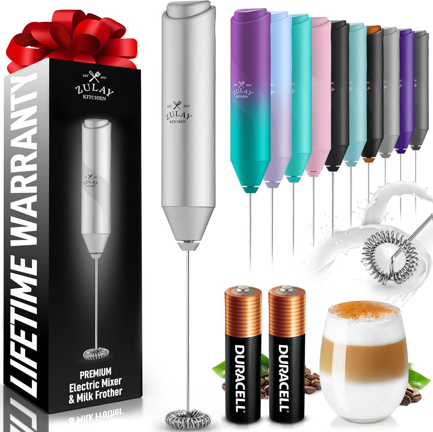 Zulay Kitchen Powerful Milk Frother AA Batteries Included – Ultra Fast Handheld Drink Mixer with Stainless Steel Whisk Stirrer for Coffee, Protein, Matcha & More, Frother Wand Electric Frothmate Black - Colors E