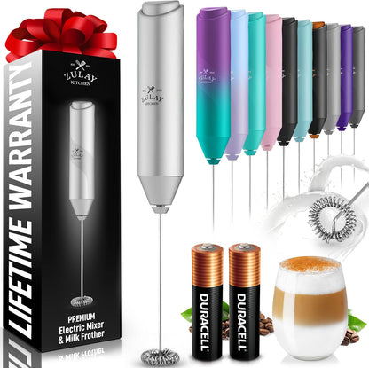 Zulay Kitchen Powerful Milk Frother AA Batteries Included – Ultra Fast Handheld Drink Mixer with Stainless Steel Whisk Stirrer for Coffee, Protein, Matcha & More, Frother Wand Electric Frothmate Black - Colors E