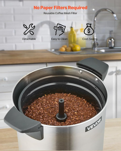 VEVOR Commercial Coffee Urn, 60 Cup 9 L Hot Beverage Dispenser with Dripless Faucet, Quick-Brewing Stainless Steel Large Commercial Coffee Maker, for Catering, Business, Party, Church & Restaurant