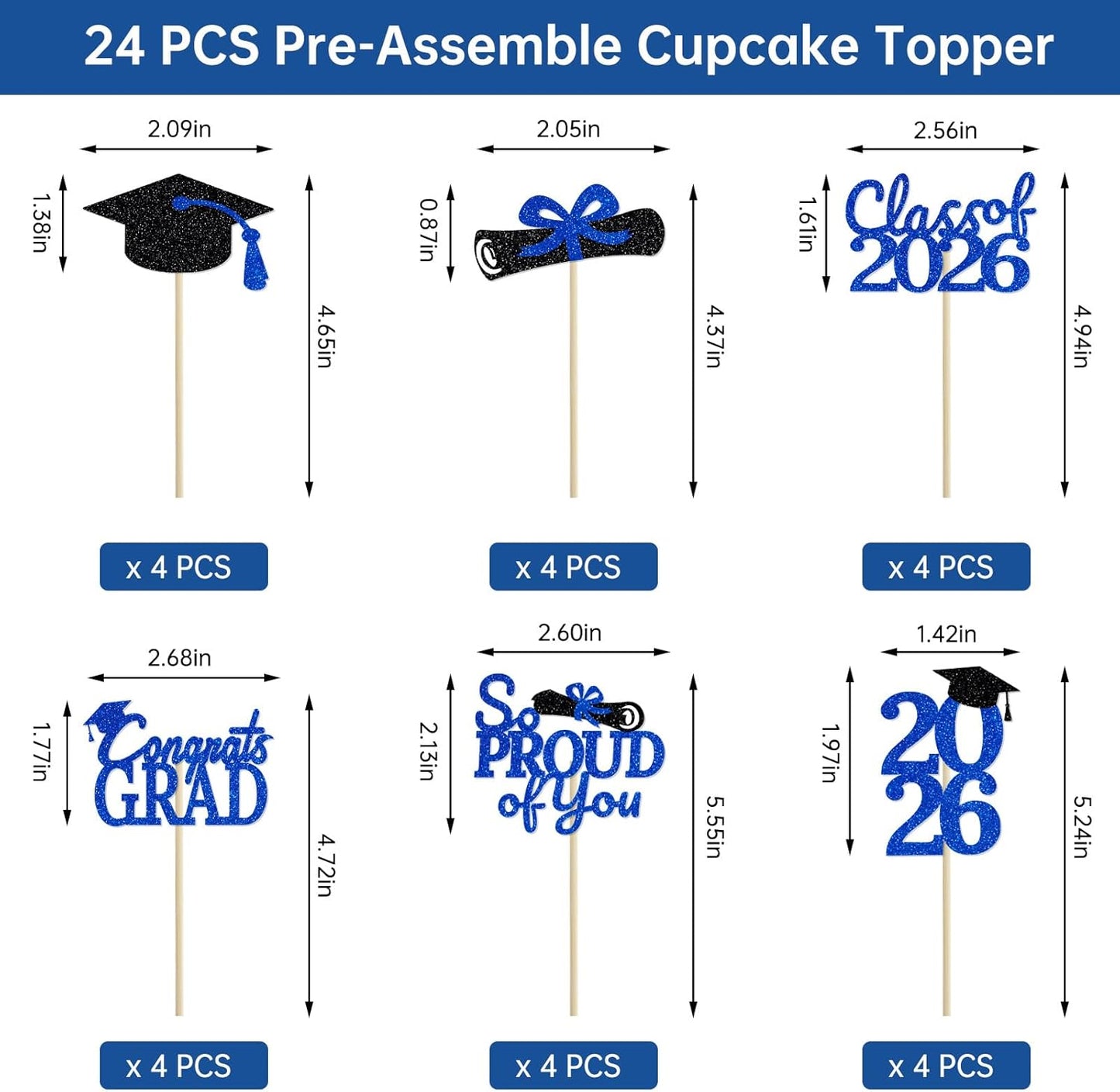 24 Pcs Graduation Cupcake Toppers 2026 - Congrats Grad Decorations Class of 2026, Pre-Assembled Black Gold Grad Cake Topper Centerpieces for Graduation Party Decoration Supplies Table Decor, 6 Styles