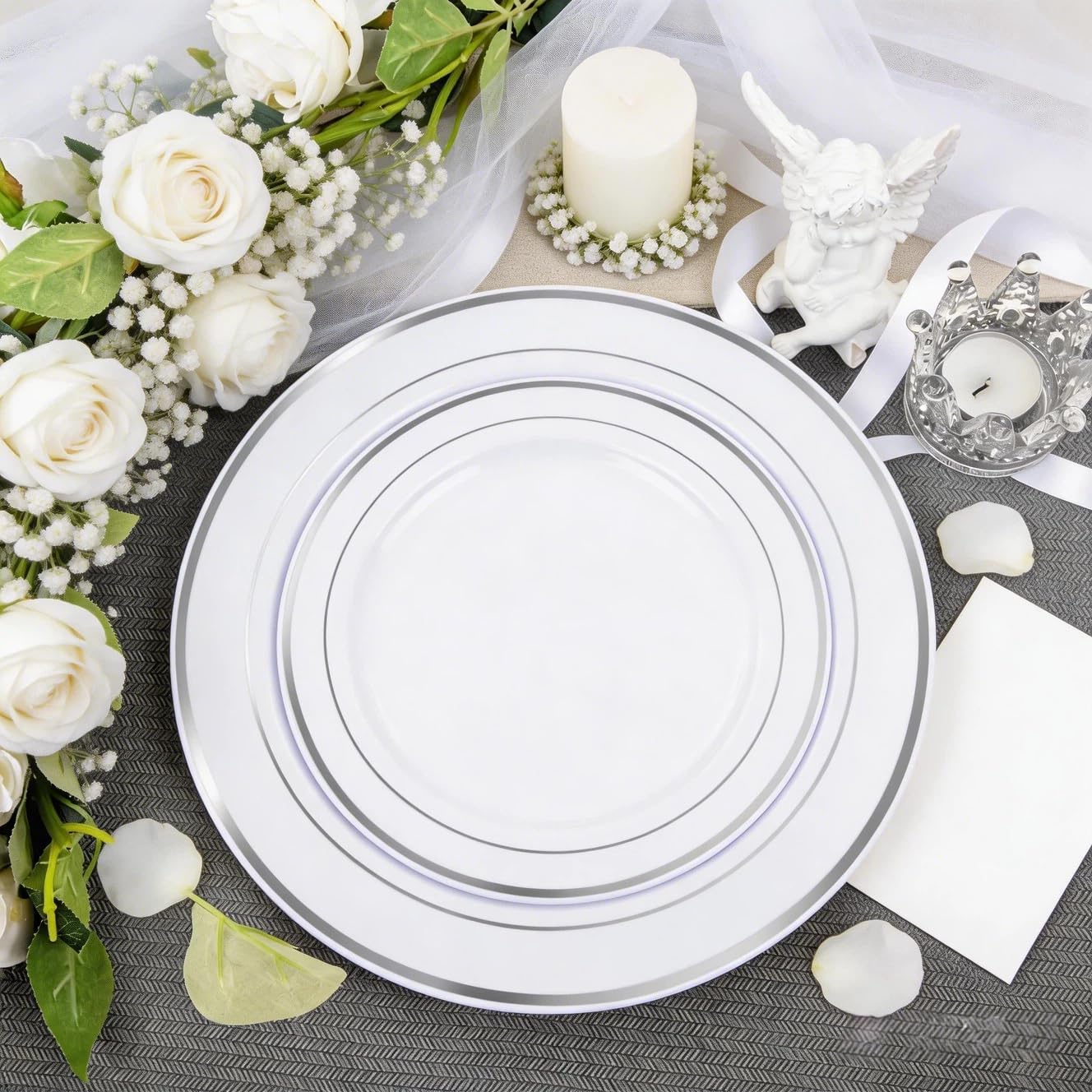 FLOWERCAT 60PCS White Plastic Plates - Heavy Duty White Disposable Plates for Mother's Day/Birthday Party/Wedding -serve for 30 guests Include 30PCS 10.25" & 30PCS 7.5" Plates for Party