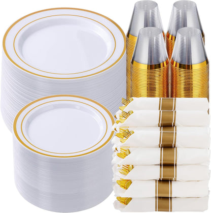 Goodluck 350 Piece Silver Plastic Dinnerware Set for 50 Guests, Fancy Disposable Plates for Party, Include: 50 Dinner Plates, 50 Dessert Plates, 50 Pre Rolled Napkins with Silver Silverware, 50 Cups