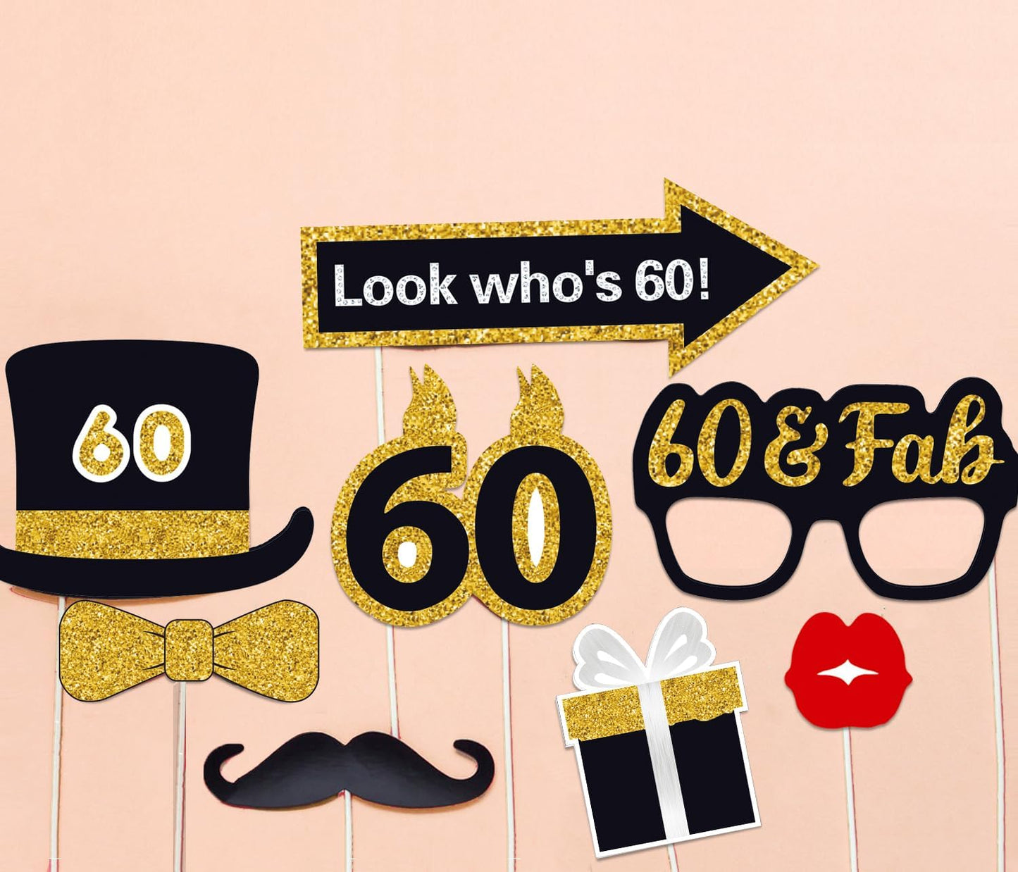 32pcs 60th Birthday Photo Booth Props for Men Women, 60 Birthday Selfie Props Kit, Classic Black Gold Happy 60th Birthday Party Supplies, Cheers to 60 Years Old Bday Decor