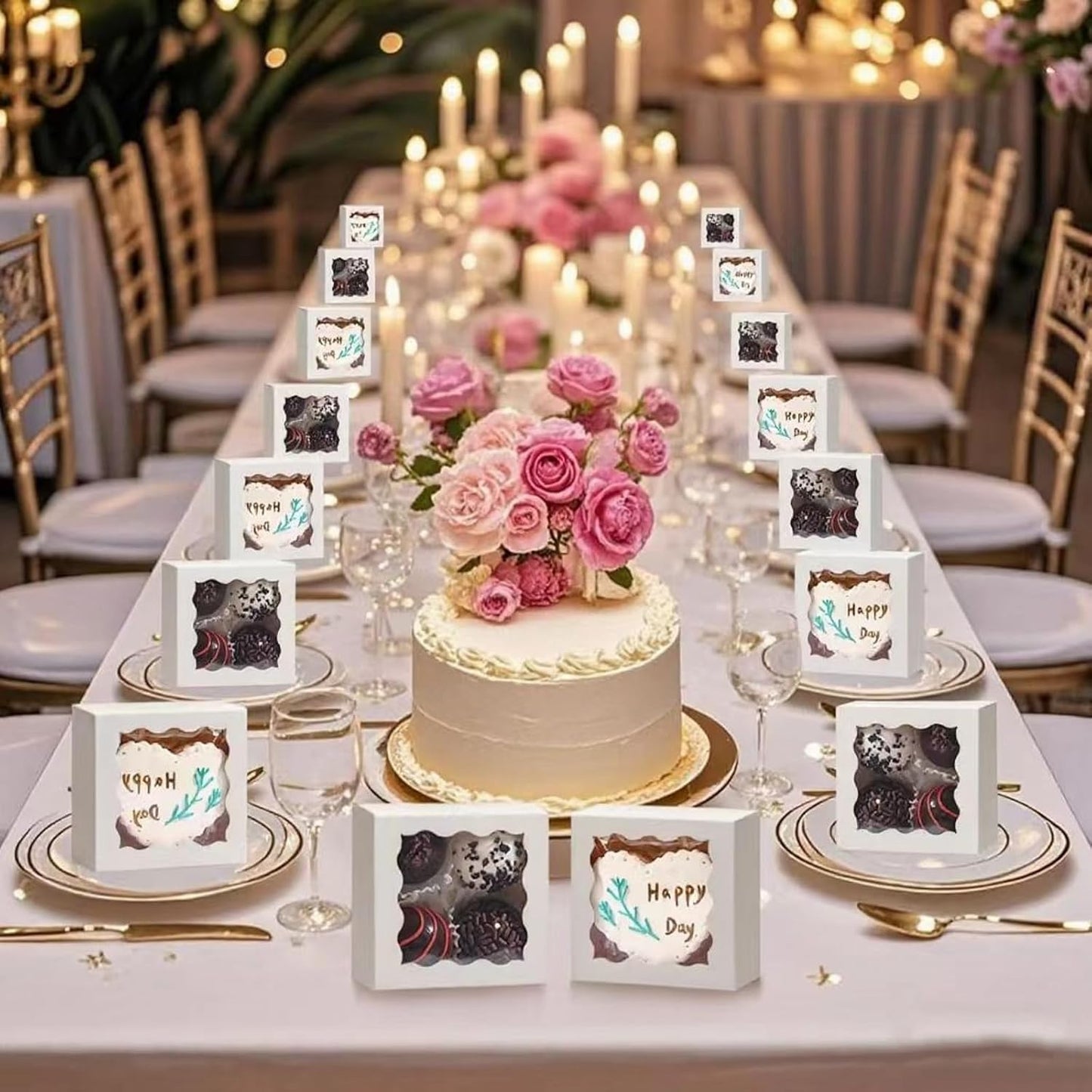 RomanticBaking 3 ¼" x 3 ¼" x 1 ½" 50PCS Chocolate Truffle Boxes for 4，Cookies Boxes Mini Bakery Boxes with Window for Brownie,Soap,Donut