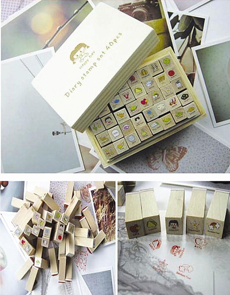 Diary Stamp Set,Wooden Rubber Signet for Children DIY Scrapbooking Card Making(25pcs,Happy Life)