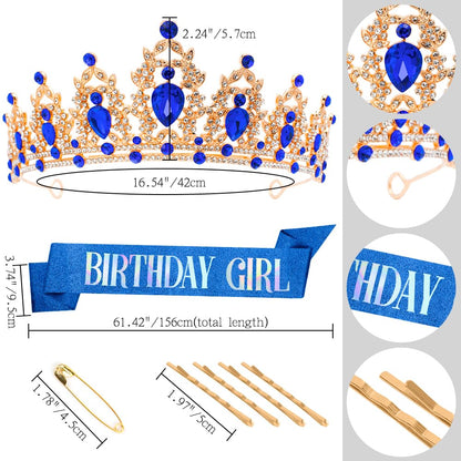 Silver Birthday Crown Headband with Sash for Women - Rhinestone Tiara for Birthday Parties