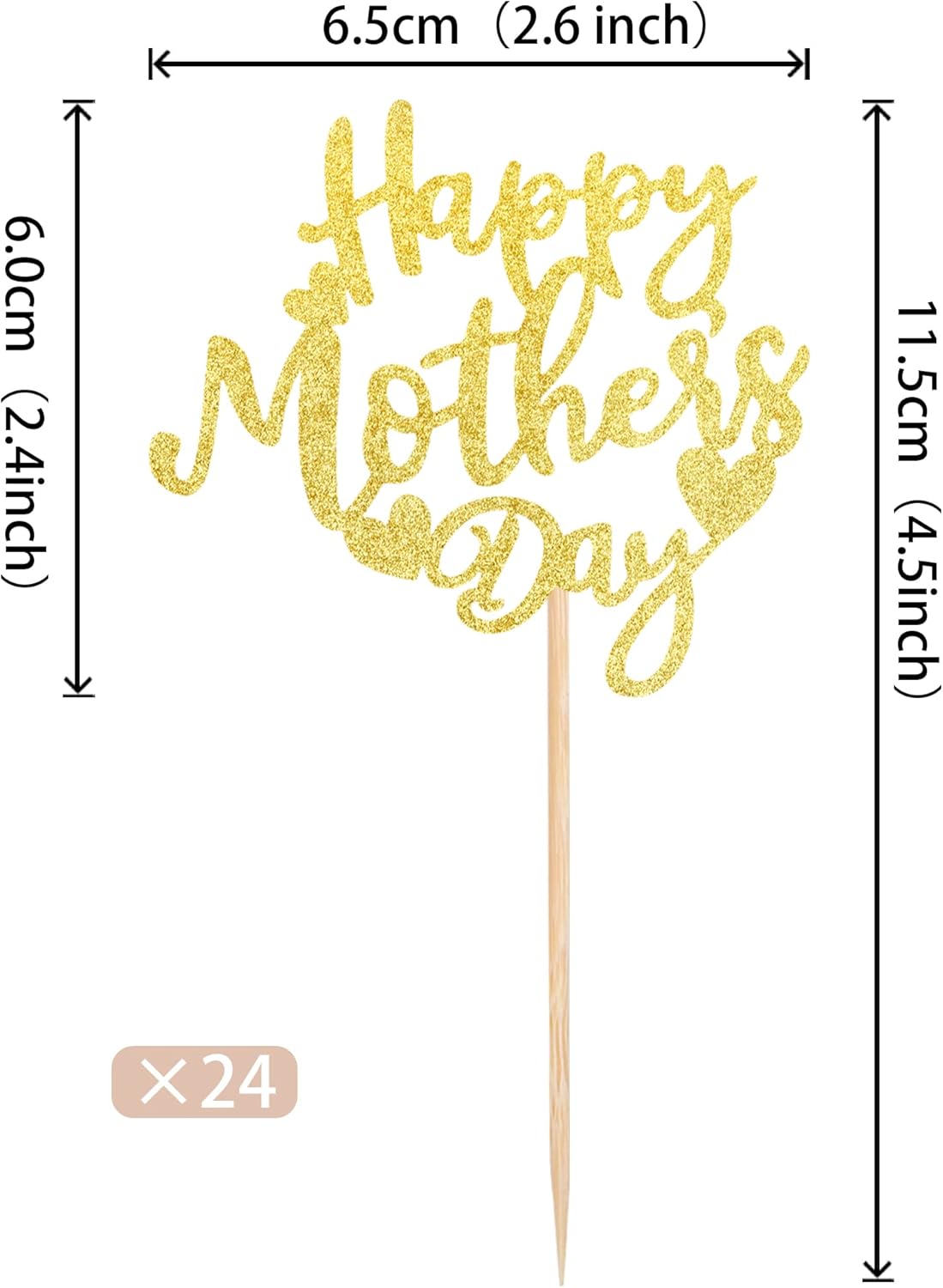24 PCS Happy Mother's Day Cupcake Toppers with Glitter Heart Love Mother Best Mom Cupcake Picks for Happy Mother's Day Theme Women Birthday Party Cake Decorations Supplies Rose Gold