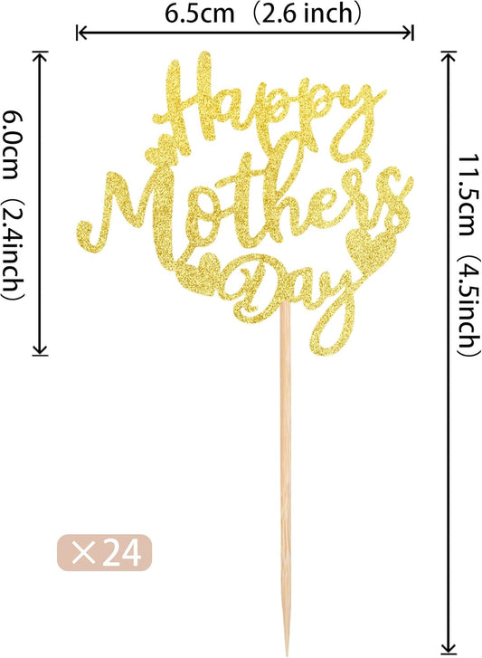 24 PCS Happy Mother's Day Cupcake Toppers with Glitter Heart Love Mother Best Mom Cupcake Picks for Happy Mother's Day Theme Women Birthday Party Cake Decorations Supplies Rose Gold