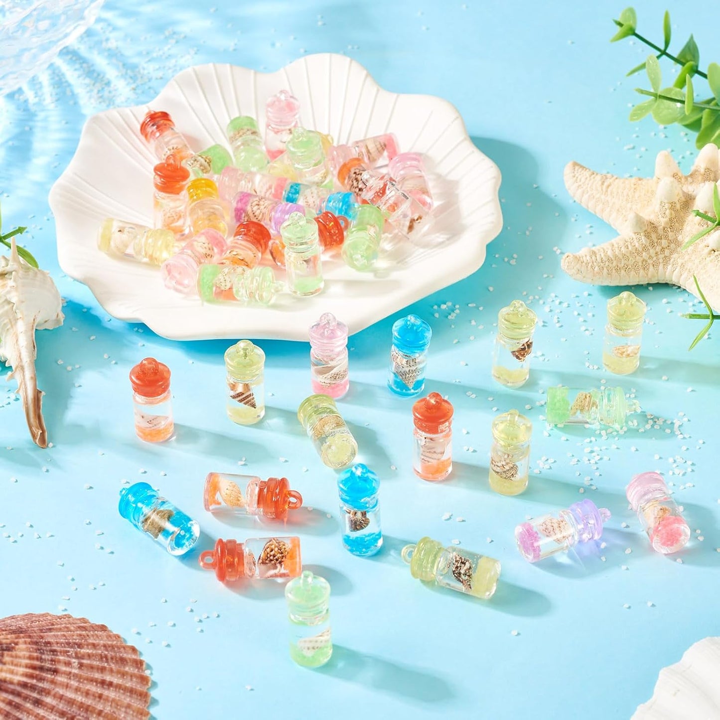 FASHEWELRY 50Pcs Glow in the Dark Resin Wishing Bottle Charms Mystery Jewelry Jar for Glow Bracelets and Necklaces Shell Mini Fairy Dust Necklace Charms for Keychain Earring