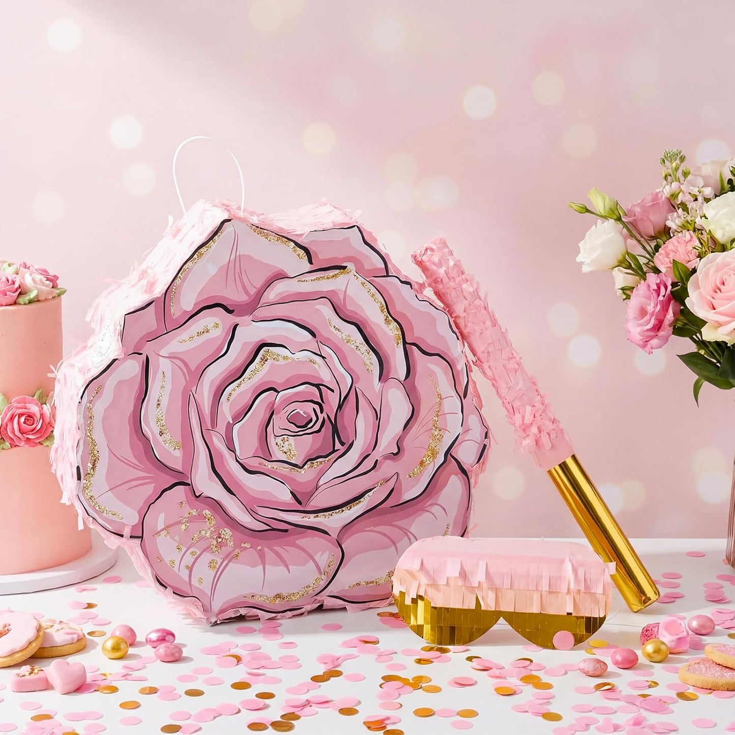 Pink Flower Piñata Set with Blindfold Bat and Confetti Floral Piñata Girls Party Game for Graduation Birthday Baby Shower Gender Reveal Wedding Party (13.78 x 12.99 Inches)