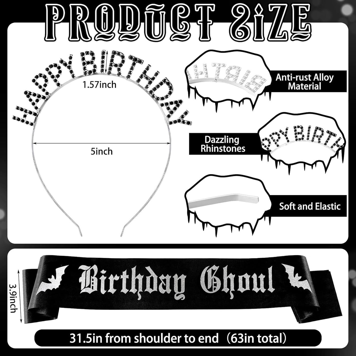Zeyune 2 Pcs Goth Birthday Decorations Black Gothic Birthday Ghoul Sash with Headband for Girl Women Gothic Spooky Gifts Emo Horror Vampire Party Decorations(Silver,Skull)