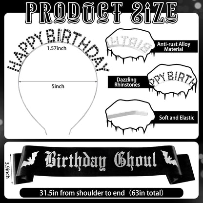 Zeyune 2 Pcs Goth Birthday Decorations Black Gothic Birthday Ghoul Sash with Headband for Girl Women Gothic Spooky Gifts Emo Horror Vampire Party Decorations(Silver,Skull)