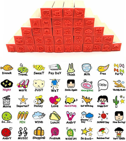Diary Stamp Set,Wooden Rubber Signet for Children DIY Scrapbooking Card Making(25pcs,Happy Life)