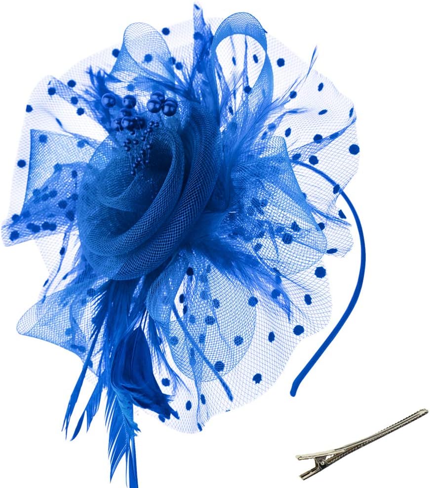 DRESHOW Fascinators Hat Flower Mesh Ribbons Feathers on a Headband and a Clip Tea Party Headwear for Girls and Women - Colors B