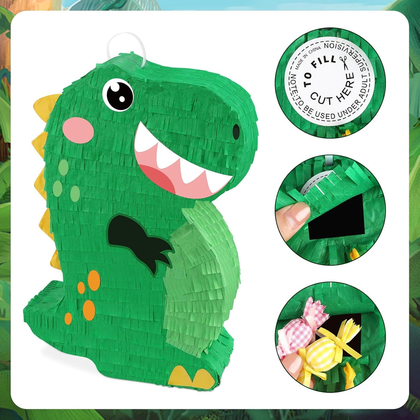 Dinosaur Pinata - Dinosaur Decorations with a Blindfold and Bat for Boys Girls Animal Themed Birthday Party Kids Classroom Game Decorations Supplies (15.7 x 11.4 x 3.1 Inches)