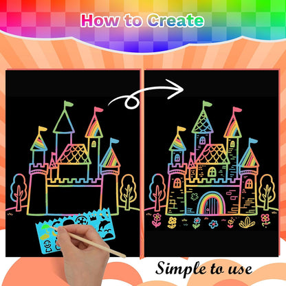 CMTOOP 70 PCS Mess Free Rainbow Scratch Paper Art for Kids - Fun Animal Shapes Travel Activity Craft Kit - Magic Scratch Boards for Goodie Bag Stuffers Birthday Party Favors Classroom Prizes