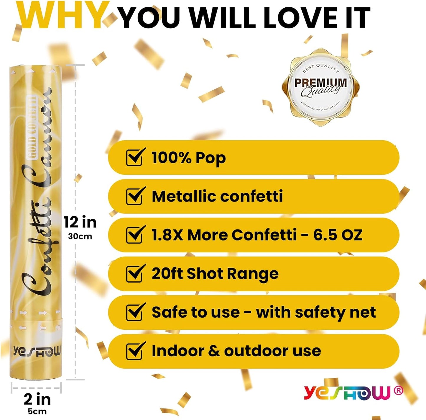 Confetti Cannon Party Poppers Gold,(6 pack) YESHOW Confetti Shooters Blaster for Birthday Graduation Wedding Christmas New Year’s Eve and Valentine's Day Any Celebrations