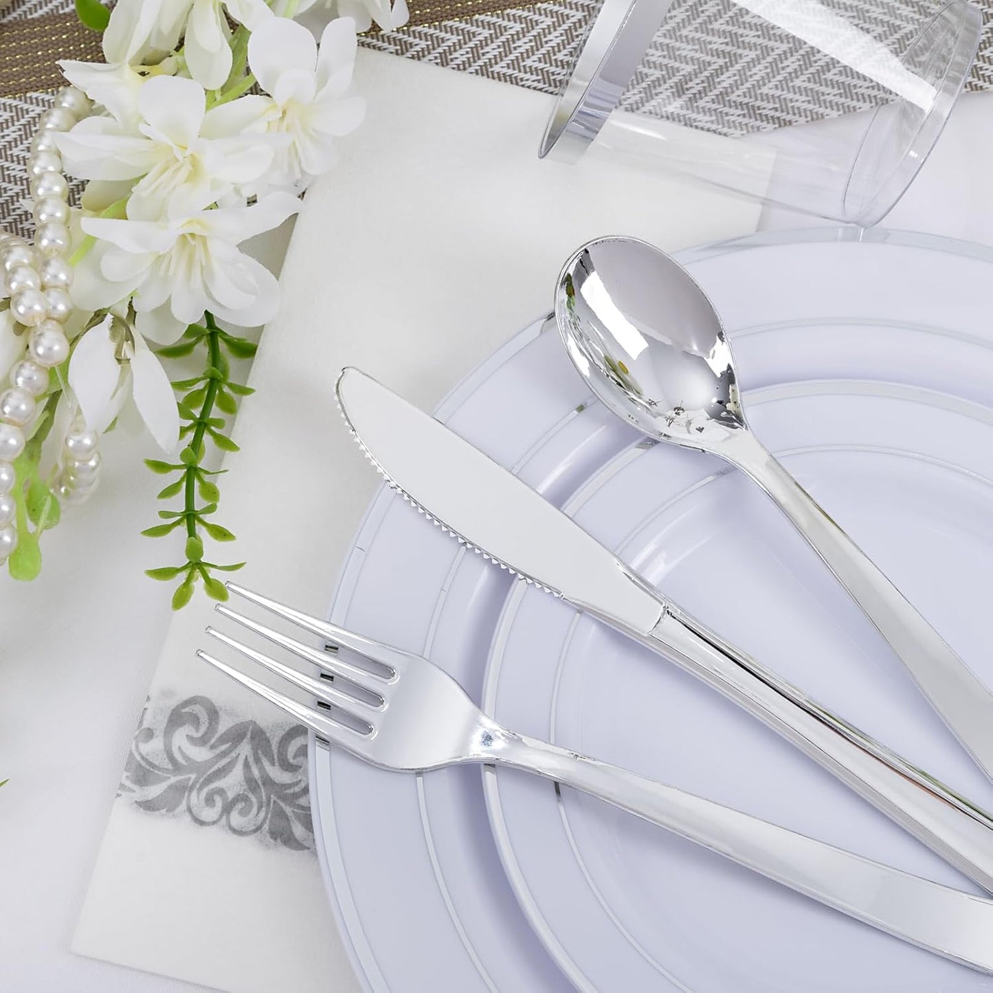 WELLIFE 350-Piece Gold Disposable Plates and Cutlery Set - Premium 10.25" Dinner Plates, 7.5" Dessert Plates, 9oz Cups & Cutlery for Weddings, Catering Events - 50 Guest Service - Elegant & Sturdy