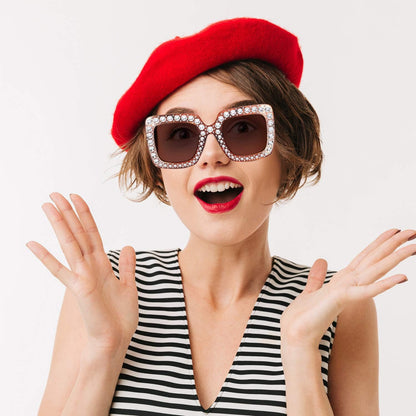 Frienda 6 Pairs Rhinestone Oversized Square Sunglasses 70s Women Dazzled Sunglasses for Disco Party Concert Photo Props