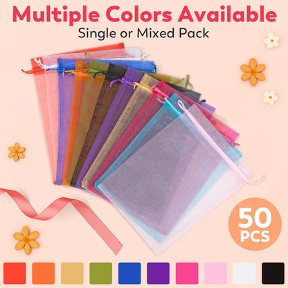 Crweety 50 Pcs Organza Bags 6x9 Inch White, Large Mesh Gift Bags Drawstring, Jewelry Pouches Treat Sachet Goodie Mesh Bag Drawstring for Wedding Party Favors Baby Shower & Mothers Day Gifts
