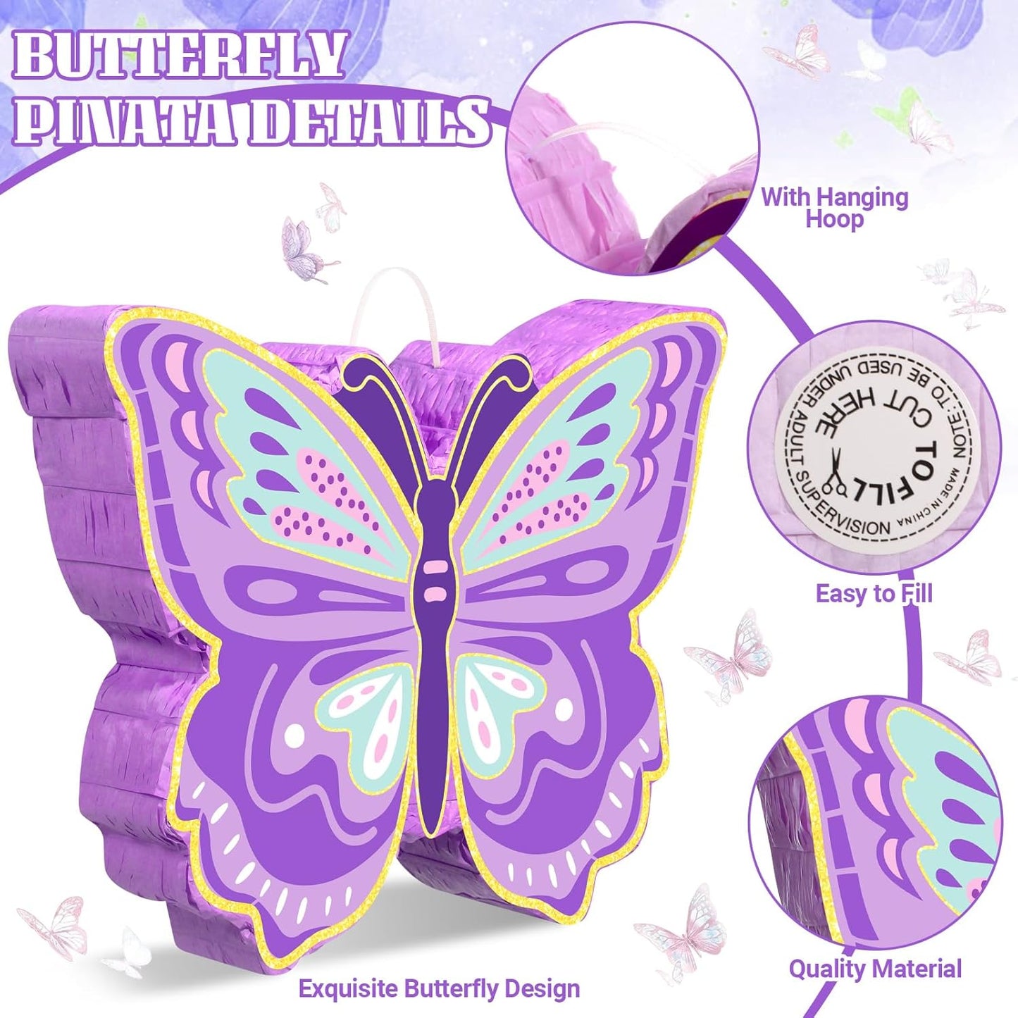 Pasimy 51 Pcs Butterfly Piñata Set Butterfly Birthday Party Supplies Piñata with Stick Blindfold Sticker Hairpin Ring Slap Bracelet Keychain Party Favors for Family Game Decoration(Pink)