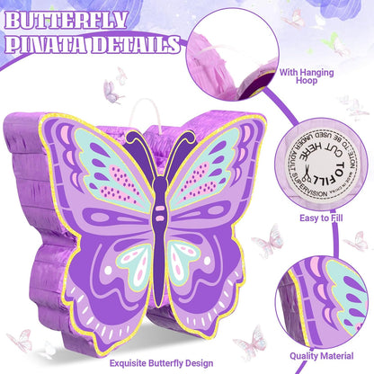 Pasimy 51 Pcs Butterfly Piñata Set Butterfly Birthday Party Supplies Piñata with Stick Blindfold Sticker Hairpin Ring Slap Bracelet Keychain Party Favors for Family Game Decoration(Pink)