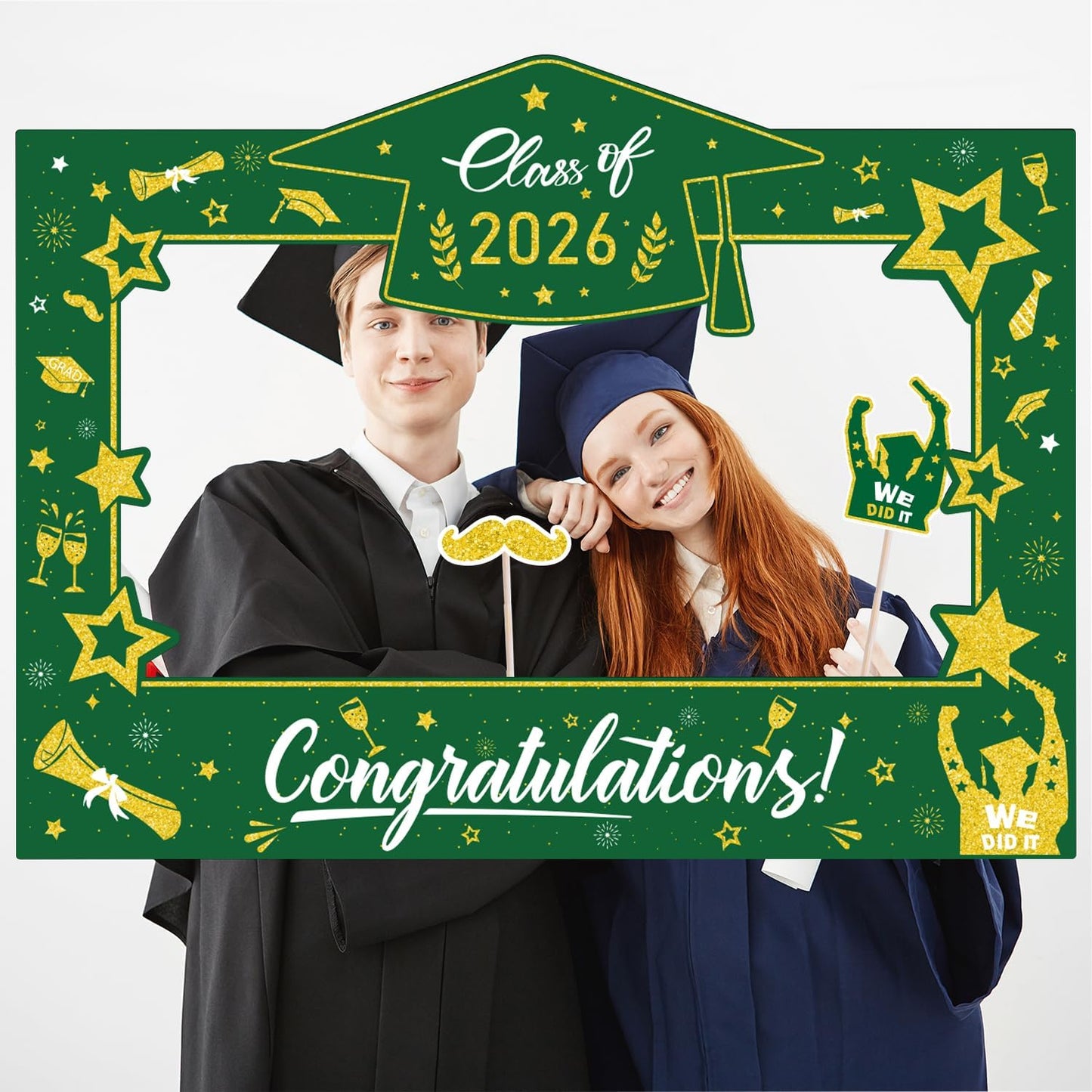 Graduation Decorations Class of 2026 Photo Booth Props - Blue and Gold 2026 Graduation Frame & Photo Props Congrats Grad Class of 2026 Decor for Graduation Party Supplies