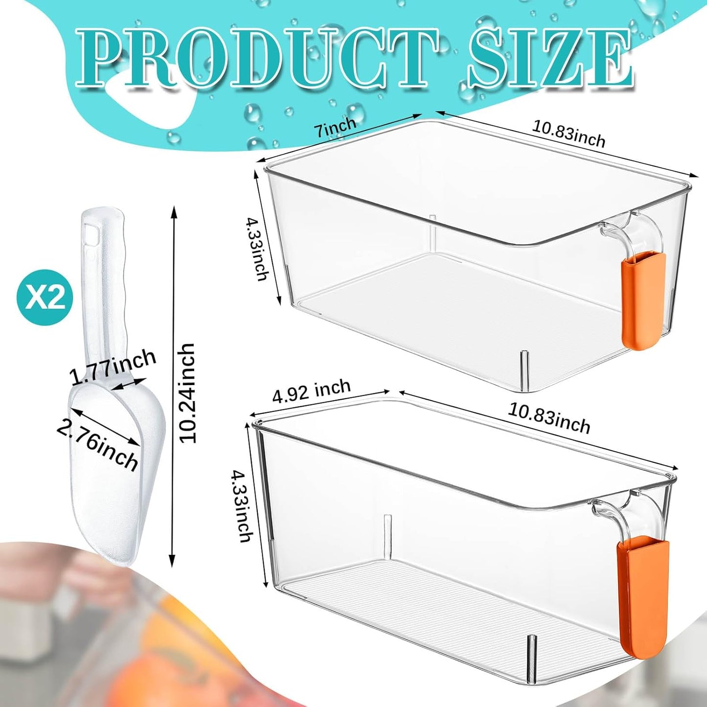 Havawish Ice Storage Bin and Flexible Scoop Set Plastic Freezer Bin with Pull Out Handle Storage Bucket Clear for Container with Scoop(Grey,10.83 x 4.92 x 4.33 in,Classic)