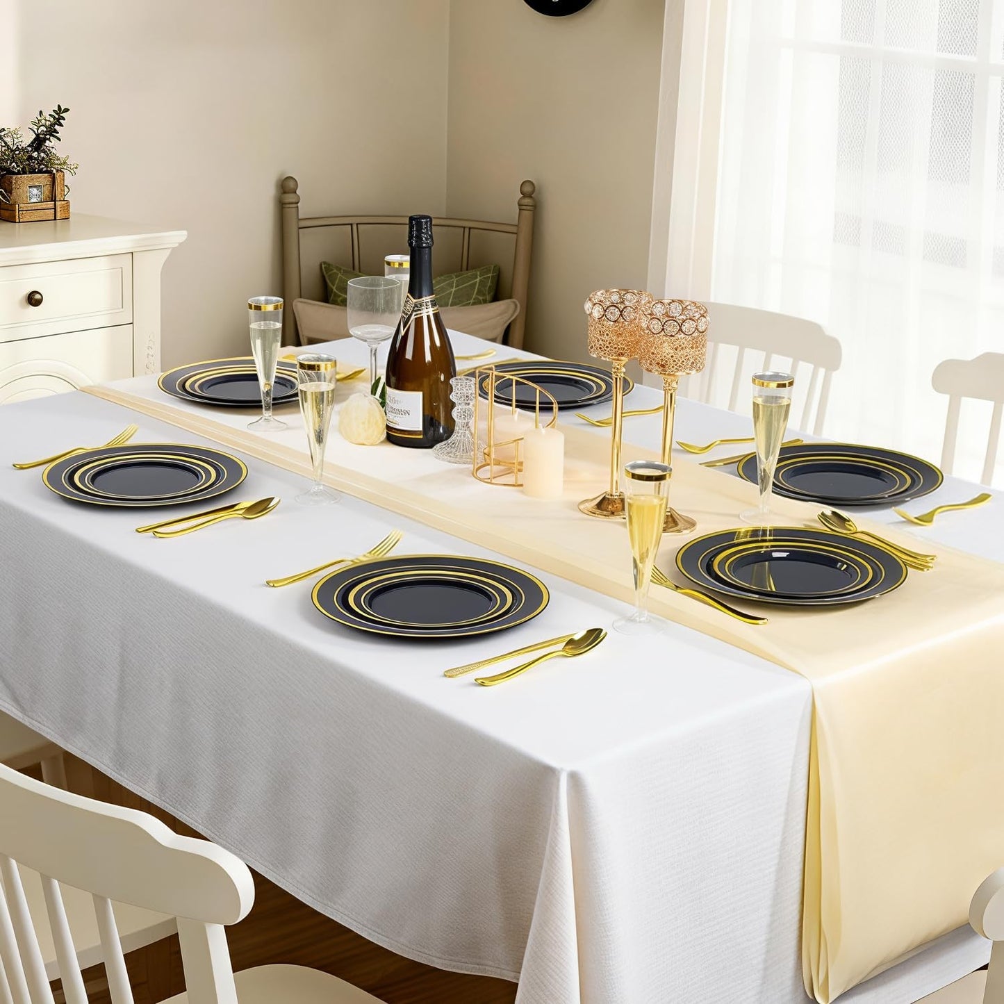 BESTVIP 200PCS Gold Plastic Plate, Disposable Party Plates with 100 Dinner Plates and 100 Dessert Plates, Plastic Plates for Party, Wedding and Birthday