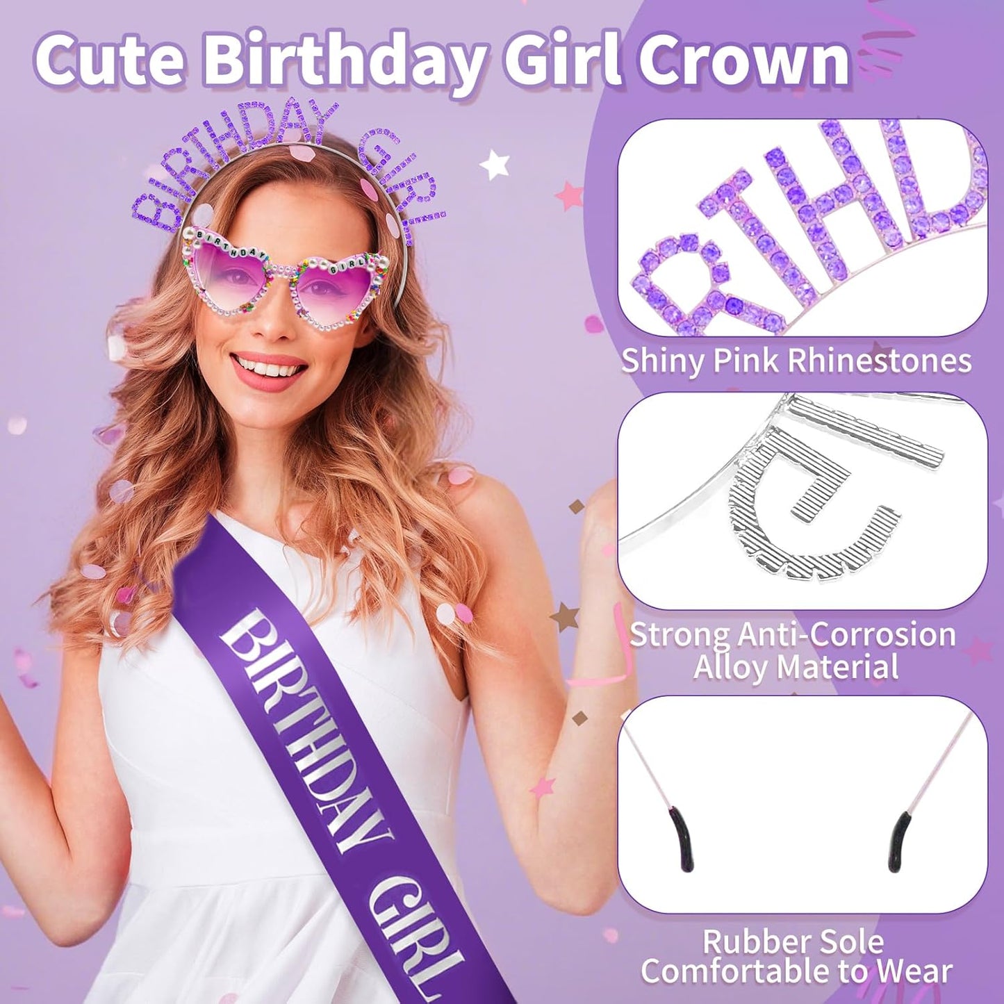 3Pcs Birthday Girl Sash Headband Set-Birthday Sash Tiara and Crown Sunglasses for Girls Women