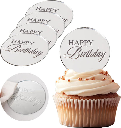 20pcs Gold Mirror Acrylic Happy Birthday Cupcake Toppers Round Engraved Cake Picks Happy Birthday Cake Toppers for DIY Birthday Gift Flower Bouquet Pastries Desserts Decor