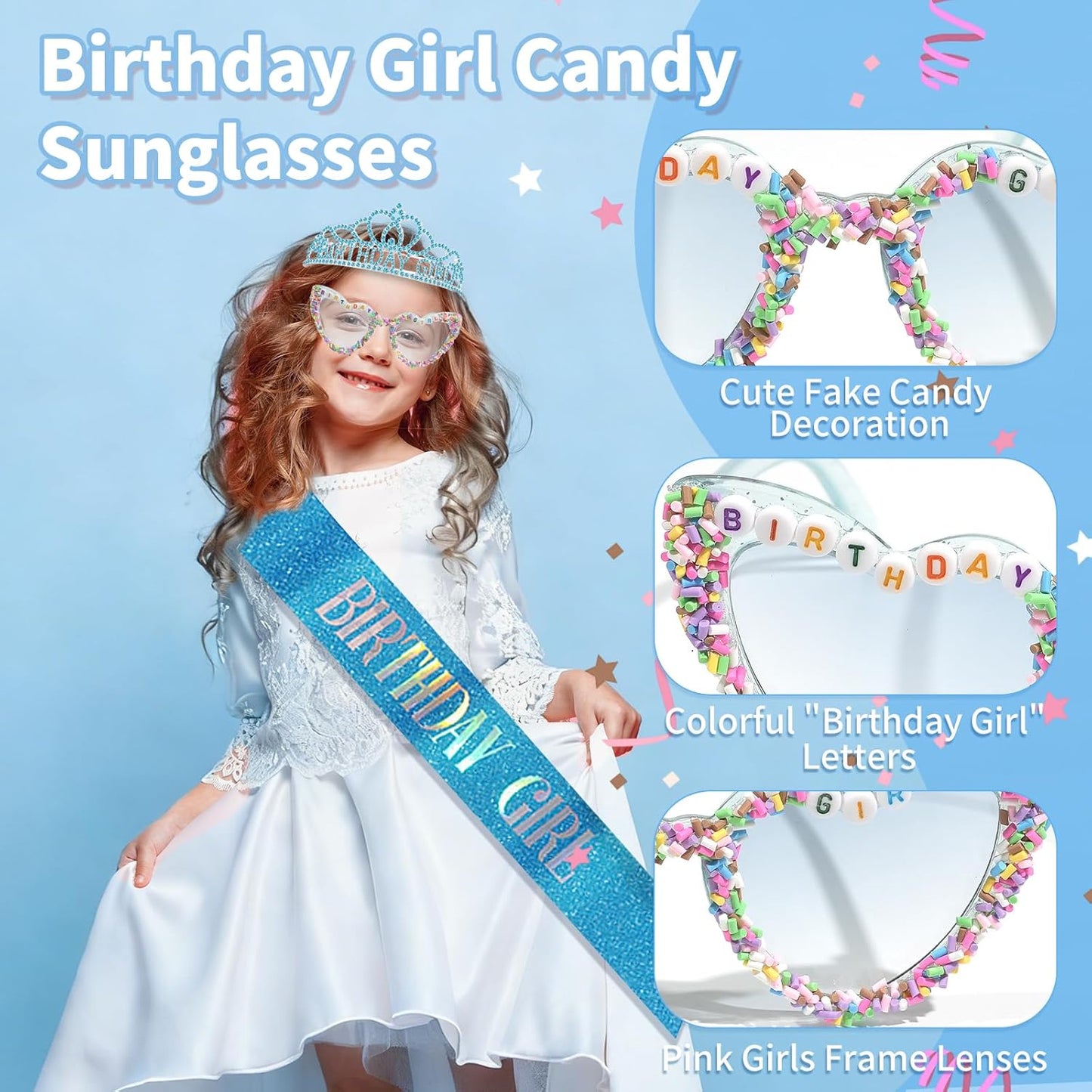 3Pcs Birthday Girl Sash Headband Set-Birthday Sash Tiara and Crown Sunglasses for Girls Women