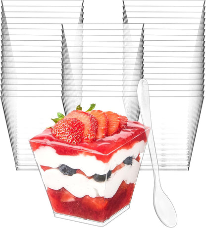 Zezzxu 3 oz Square Mini Dessert Cups with Spoons - 50 Pack Plastic Pudding & Parfait Cups Party Dessert Shooters for Serving Trifle Mousse Cake Appetizers
