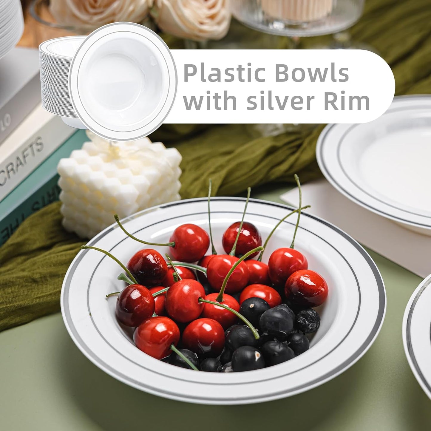 100 PCS Plastic Bowls with Gold Rim, 12oz Premium Heavy Duty Soup Bowls, Dessert and Salad Bowls for Party, Wedding and Holiday