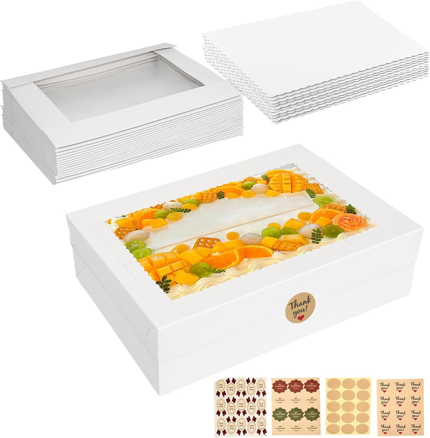 6pcs Cake Boxes with Cake Board, 19x14x4.5 Inches White Bakery Boxes with Large Window for Quarter Sheet Cakes, Donuts, Cupcakes, Pastry & Pies