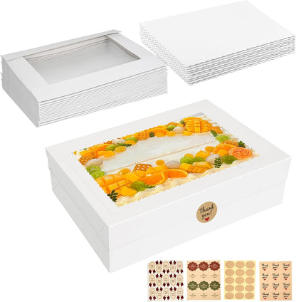 6pcs Cake Boxes with Cake Board, 19x14x4.5 Inches White Bakery Boxes with Large Window for Quarter Sheet Cakes, Donuts, Cupcakes, Pastry & Pies