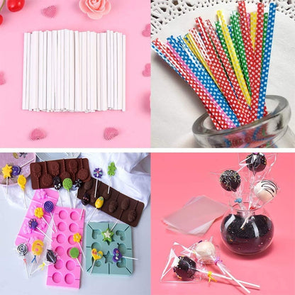 300PCS Lollipop Cake Pop Treat Bag Set Including 100pcs Parcel Bags, Papery Treat Sticks, Gold Metallic Twist Ties for Making Candies, Chocolates and Cookies