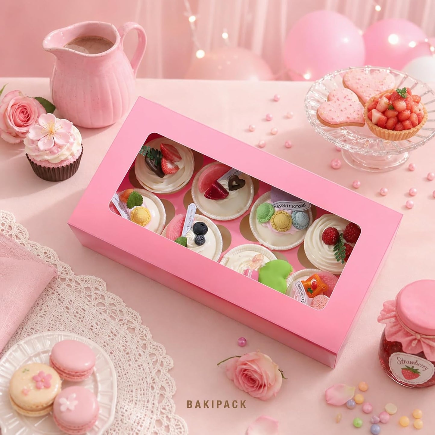 25 Pink Cupcake Boxes, Cupcake Boxes 6 Count with Window and Inserts, Mother's Day Cupcake Holders for Cupcakes, Muffins, Cookies