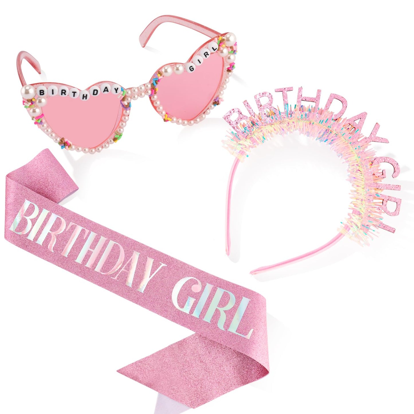 SuPoo Birthday Girl Headband Sash Sunglasses Set, Pink Birthday Accessories for Women Girls Glitter Birthday Crown & Sash Gift Outfit for Party Decorations Fun Glasses
