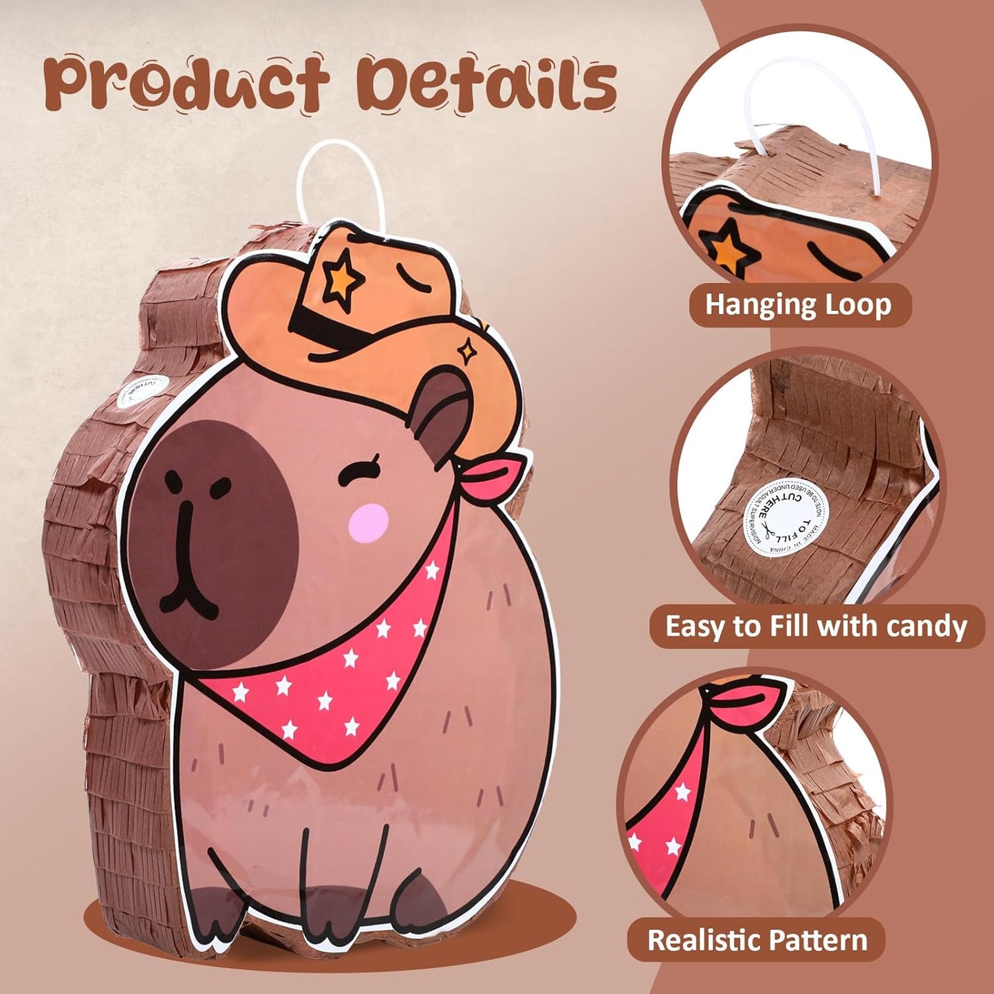 Western Capybara Piñata for Kids Birthday Party 15.7 x 10 x 2.8 Inches Cowboy Hat Animal Piñata with Bat Blindfold and Confetti for Christmas Baby Shower Photo Props Decoration