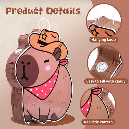 Western Capybara Piñata for Kids Birthday Party 15.7 x 10 x 2.8 Inches Cowboy Hat Animal Piñata with Bat Blindfold and Confetti for Christmas Baby Shower Photo Props Decoration